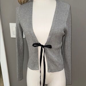 Gray Women's Cardigan with Black Ribbon